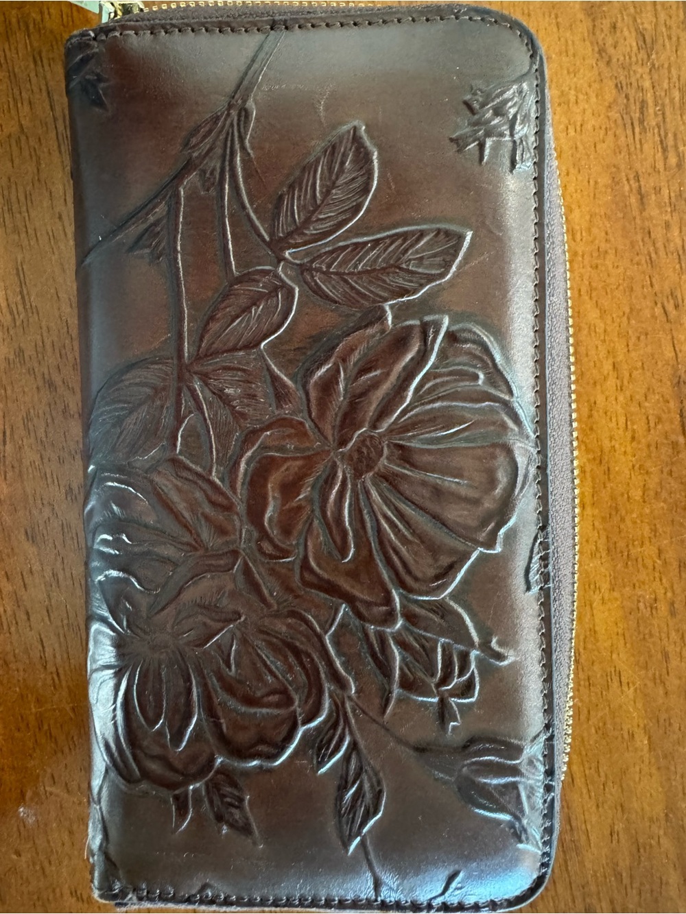 Cuoieria Fiorentina Italian Leather Embossed Floral Zip Wallet Brown